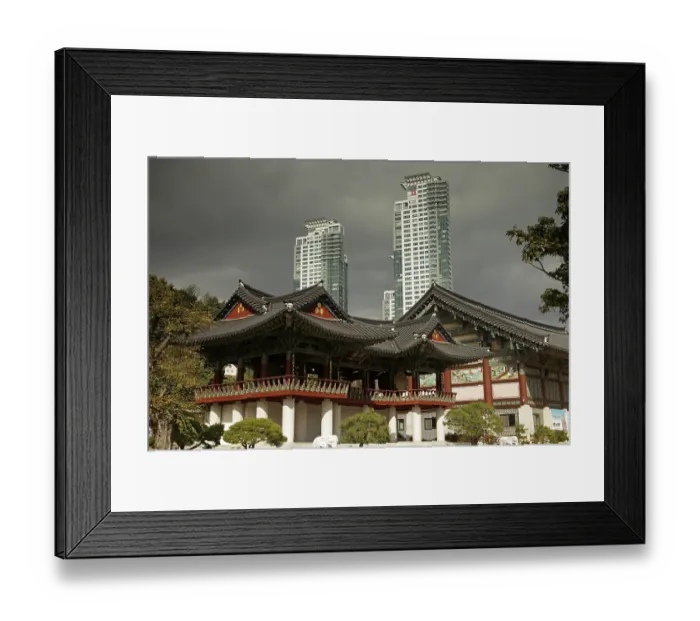 Framed Print : Buddhist Bongeunsa Temple in front of skyscrapers