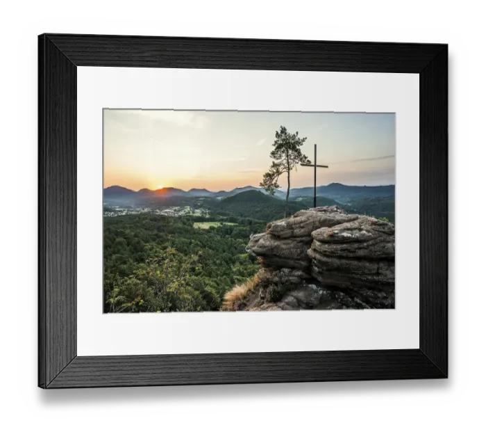 Framed Print : Sandstone rock with pine tree and summit cross Framed Print : Sandstone rock with pine tree and summit cross