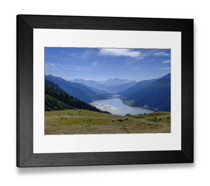 Framed Print : Viewpoint of Lake Reschen and the Ortler Group from the Plamort plateau Framed Print : Viewpoint of Lake Reschen and the Ortler Group from the Plamort plateau