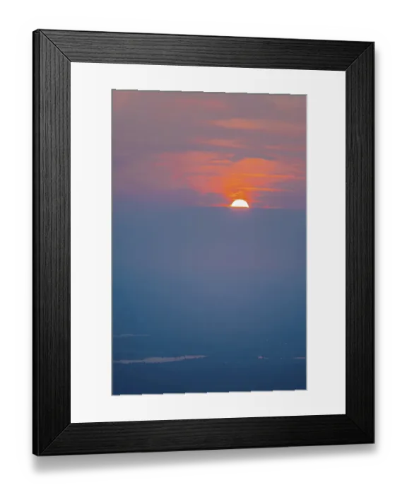 Framed Print : Red glowing sun, sunset behind clouds on the horizon, view from the summit of Benediktenwand at sunset, Bavarian Pre-Alps, Bavaria, Germany, Europe