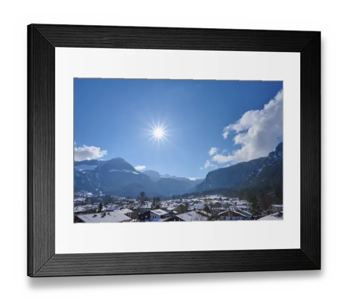 Framed Print : Mountain range with Jenner mountain and sun in winter