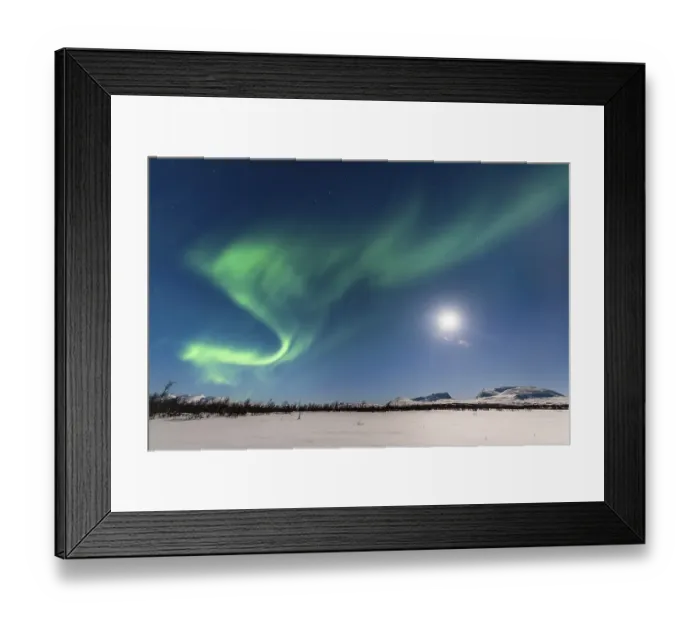 Framed Print : Northern Lights (Aurora Borealis) at full moon over snow-covered mountains Framed Print : Northern Lights (Aurora Borealis) at full moon over snow-covered mountains