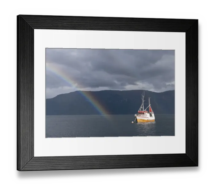 Framed Print : Fishing boat in fjord with rainbow Framed Print : Fishing boat in fjord with rainbow