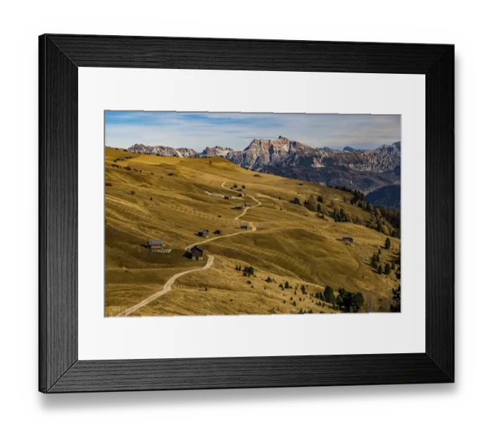 Framed Print : Trail with alpine huts and South Tyrolean mountains