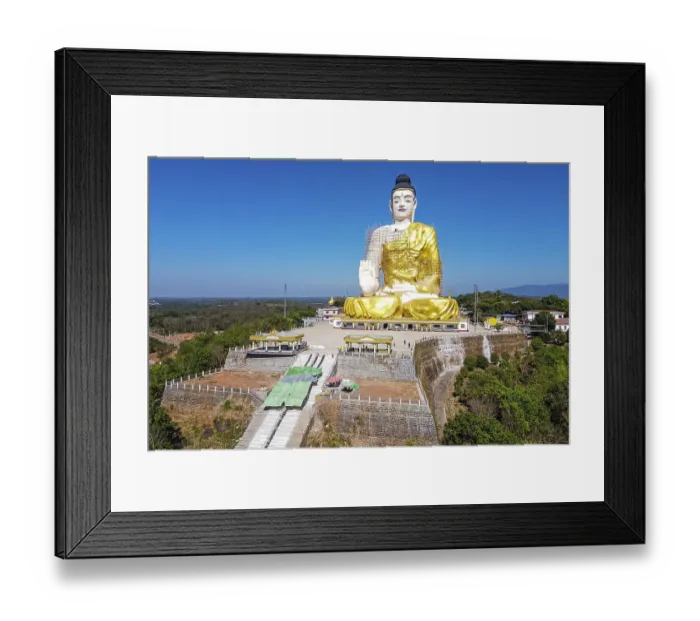 Framed Print : Aerial of a giant sitting buddha below the Kyaiktiyo Pagoda