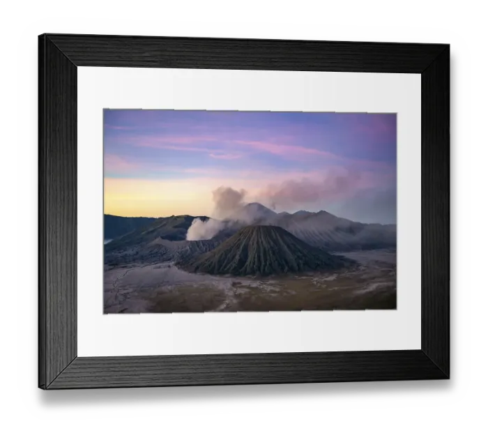 Framed Print : Volcanic landscape at sunrise, smoking volcano Gunung Bromo