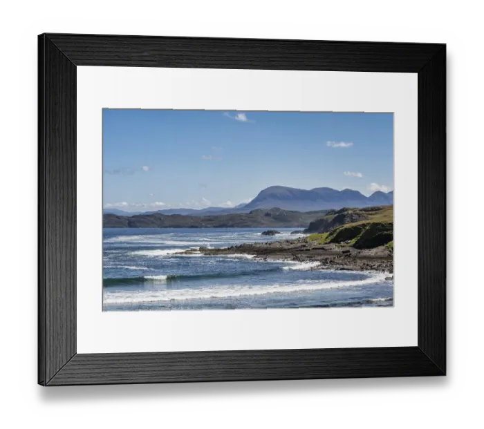 Framed Print : Rough coastal landscape at Culkein Beach on the horizon the approx