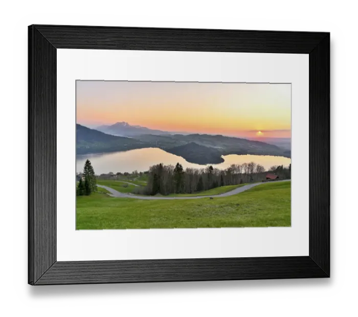 Framed Print : Evening mood at Lake Zug with gills of the narrowest part of the lake
