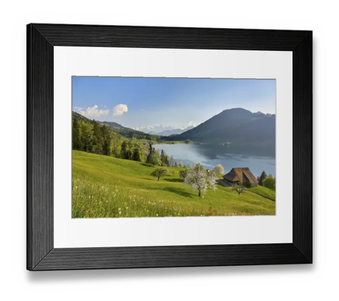 Framed Print : View of Morgarten at Lake Aegeri Framed Print : View of Morgarten at Lake Aegeri