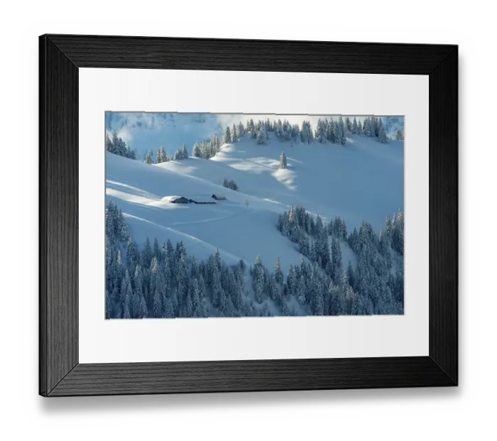 Framed Print : Freshly snow-covered winter landscape with an alp and forest in the Swiss mountains Framed Print : Freshly snow-covered winter landscape with an alp and forest in the Swiss mountains