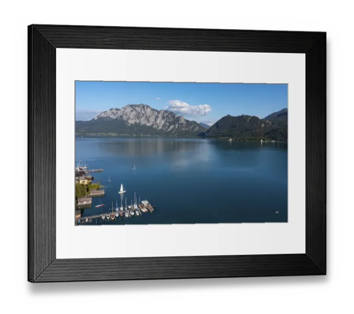 Framed Print : Drone recording, Unterach am Attersee with Hoellengebirge