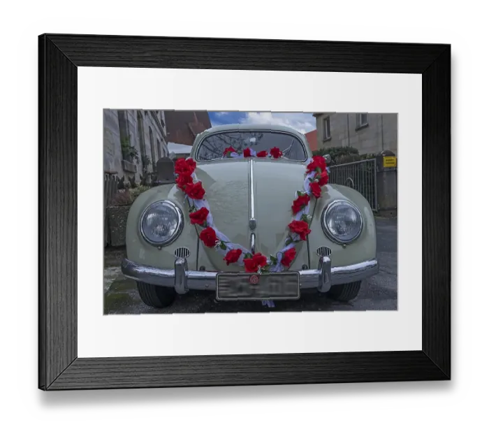 Framed Print : Oldtimer, VW Beetle from 1955 as wedding car decorated with roses Framed Print : Oldtimer, VW Beetle from 1955 as wedding car decorated with roses