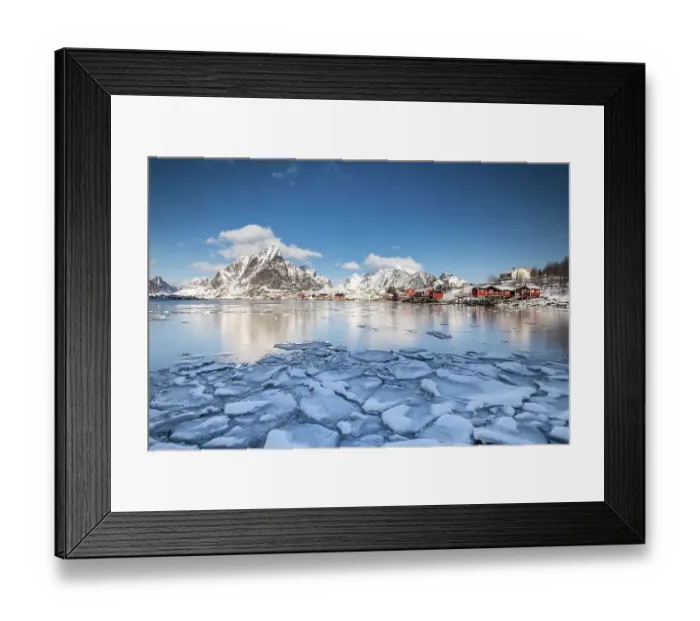 Framed Print : Cabins by the fjord with ice floes in the foreground