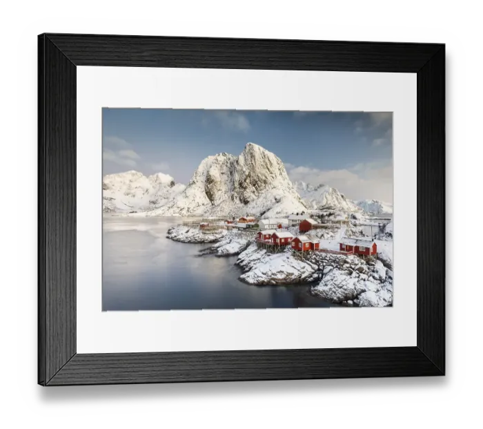Framed Print : Town and fisherman's cabins or Rorbus in front of snowy mountains