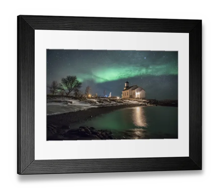 Framed Print : Northern lights over church of Gimsoy