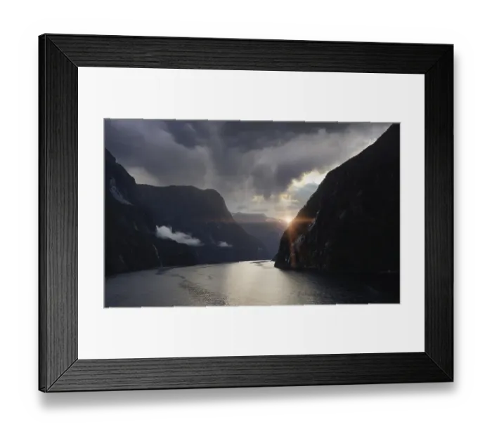 Framed Print : Panoramic view of scenic landscape of Milford Sound fjords in New Zealand at sunset Framed Print : Panoramic view of scenic landscape of Milford Sound fjords in New Zealand at sunset