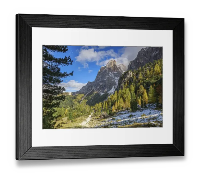 Framed Print : The Sella Group mountain landscape in the Alps with forest and snow under a sunny sky