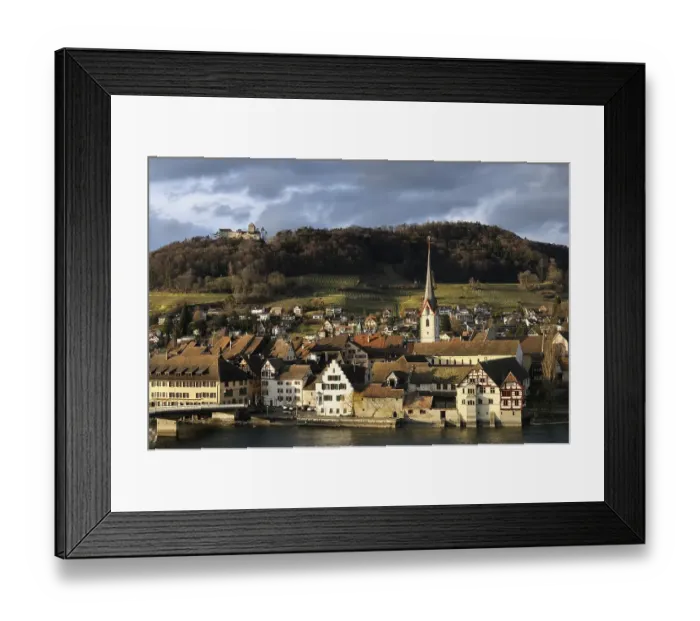 Framed Print : The historic city of Stein am Rhein with the castle Hohenklingen in the evening light