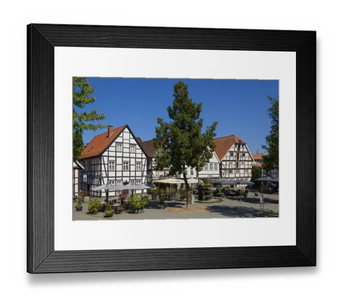 Framed Print : Council fountain and half-timbered houses at Vreithof Framed Print : Council fountain and half-timbered houses at Vreithof