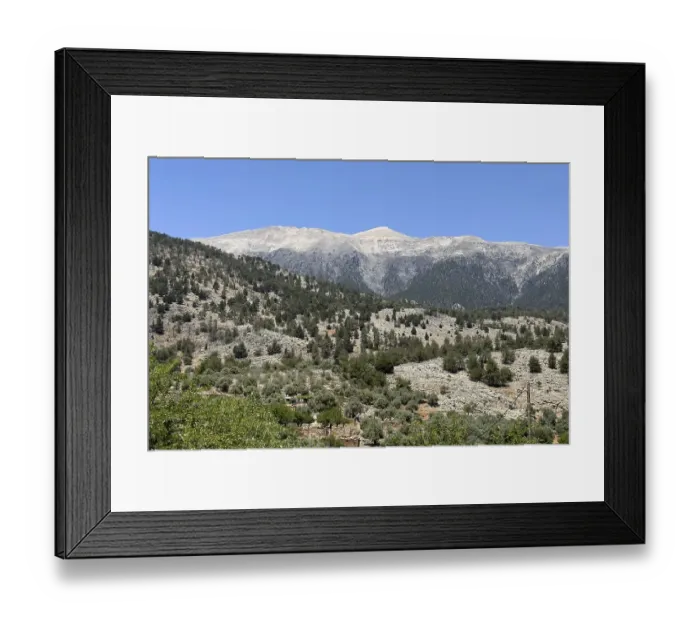 Framed Print : View of the high mountain range Lefka Ori with 2454 metre high Mount Pachnes in the background