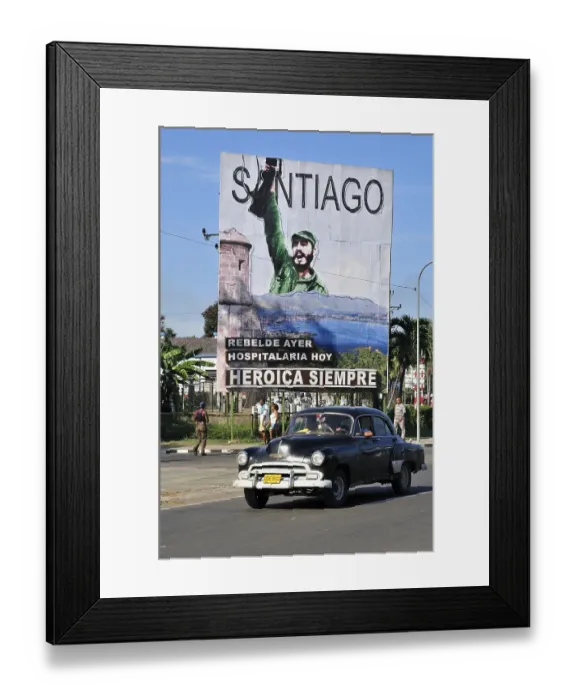 Framed Print : Vintage car driving in front of revolutionary propaganda poster Framed Print : Vintage car driving in front of revolutionary propaganda poster