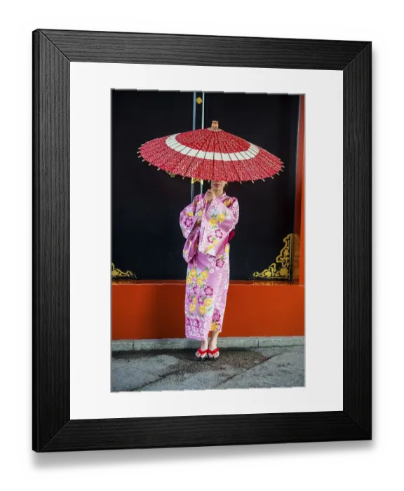 Framed Print : Young woman in kimono and with oil-paper umbrella