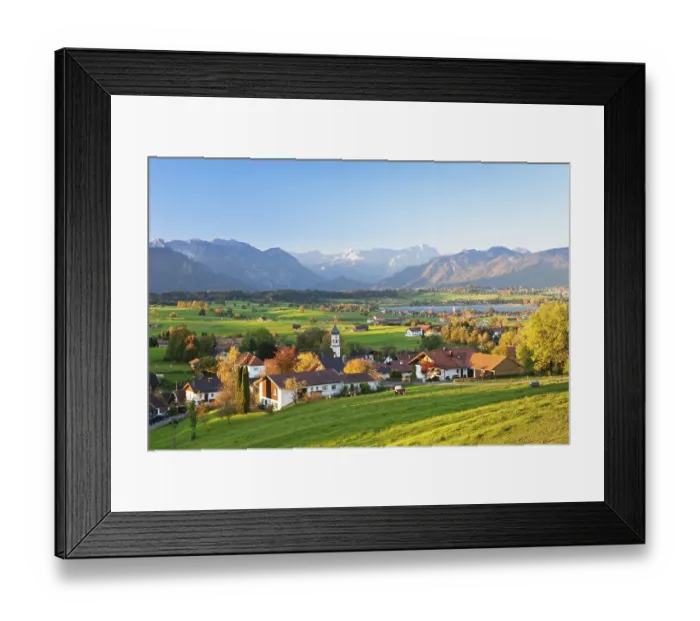 Framed Print : View from the Aidlinger Hoehe over lake Riegsee towards the Wetterstein range