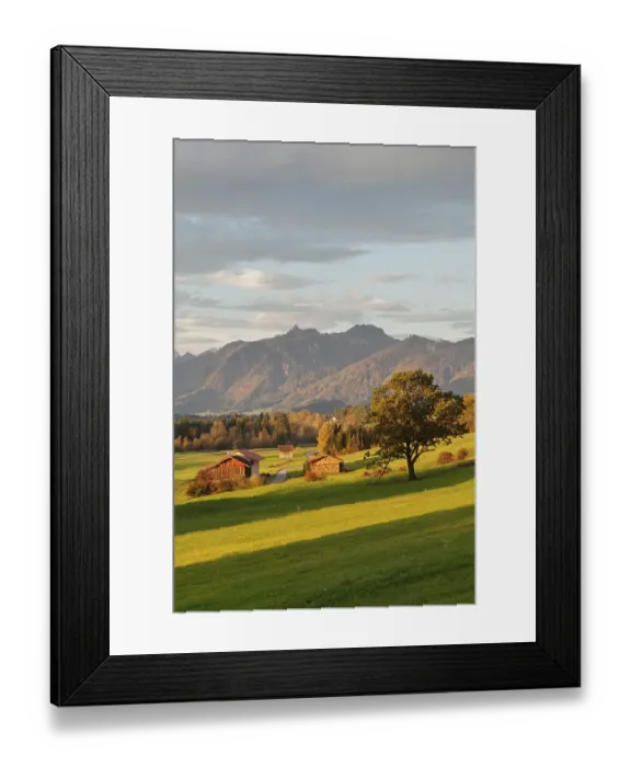 Framed Print : Alpine landscape with barn, with a view of the Wetterstein range