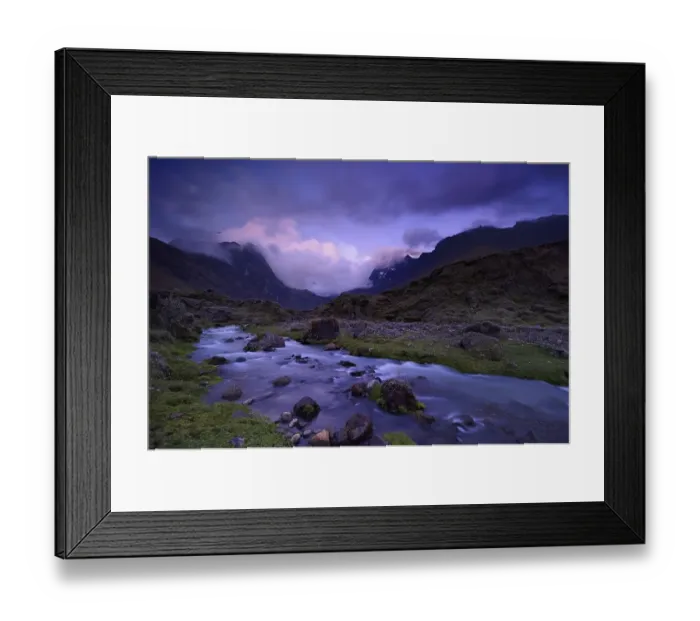 Framed Print : Mountain stream with the peaks of El Altar or Kapak Urku