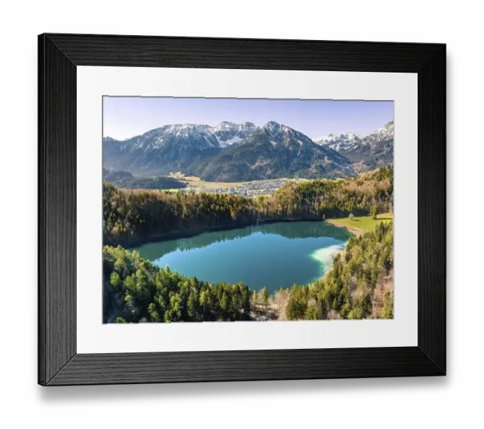 Framed Print : Lake in the forest with mountain panorama