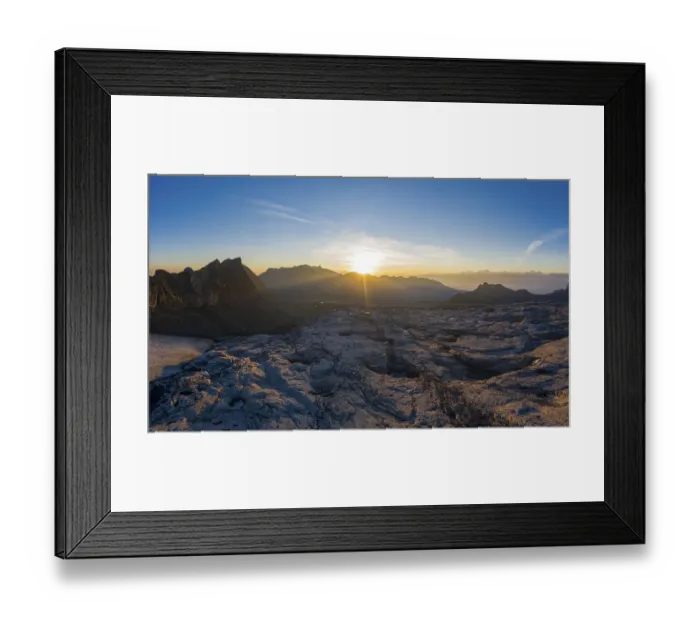 Framed Print : Aerial view over the glacier foreland of the Zanfleuron glacier with rising sun