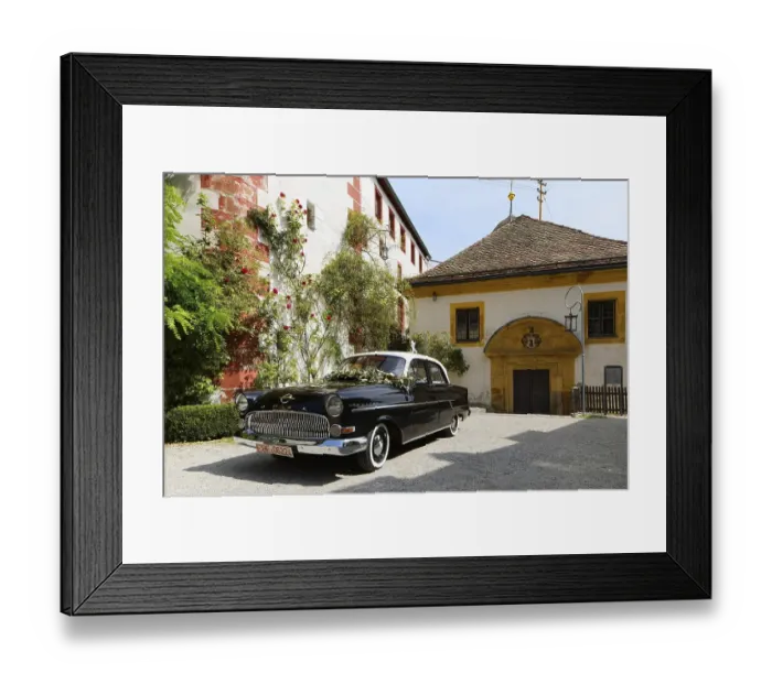 Framed Print : Church on the right and forecourt with vintage Opel Kapitaen, built 1955-1958, Egloffstein Castle, built around 1150, hilltop castle, Spornburg, former high medieval noble castle, Egloffstein market, Trubach Valley