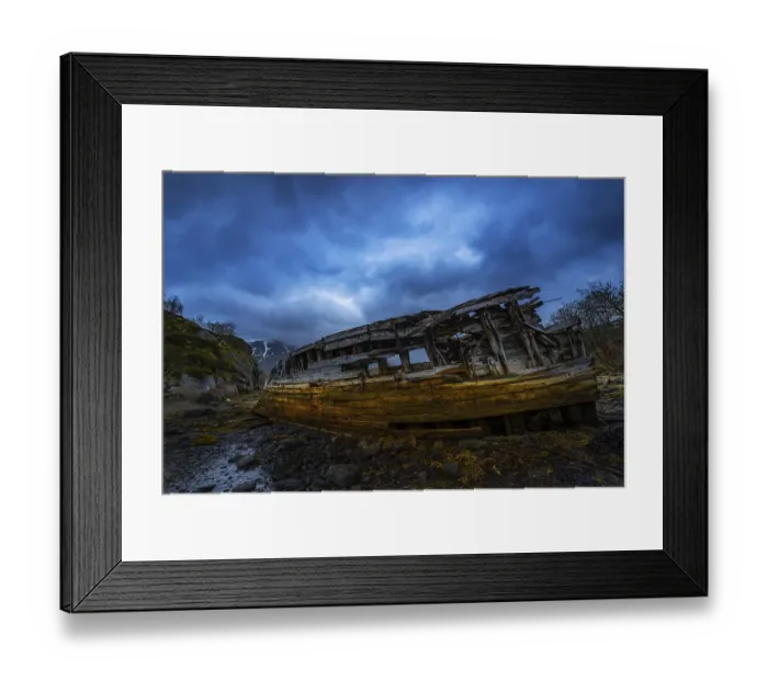 Framed Print : Derelict shipwreck on shore, near Svolvaer