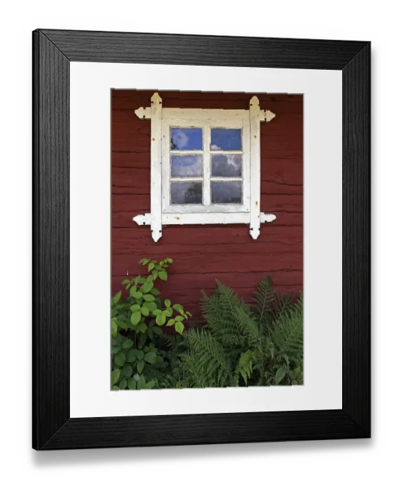 Framed Print : Window, typical red wooden house