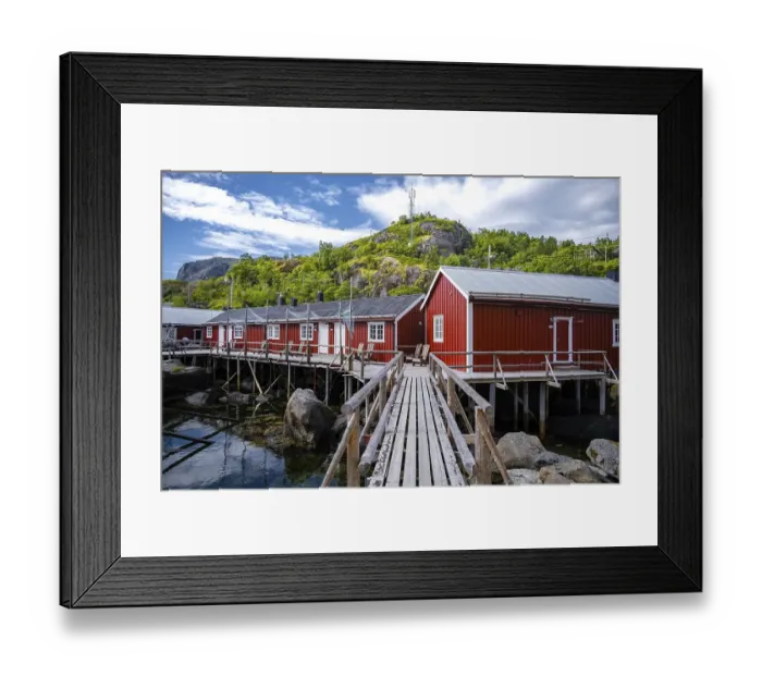 Framed Print : Harbour, Rorbuer cabins, historic fishing village Nusfjord Framed Print : Harbour, Rorbuer cabins, historic fishing village Nusfjord