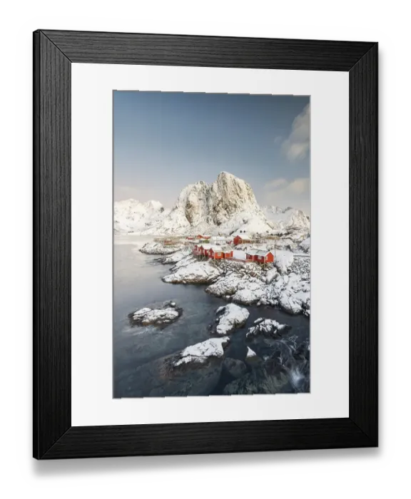 Framed Print : Town and fisherman's cabins or Rorbus in front of snowy mountains