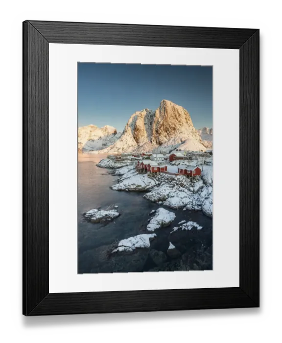 Framed Print : Town and fisherman's cabins or Rorbus in front of snowy mountains