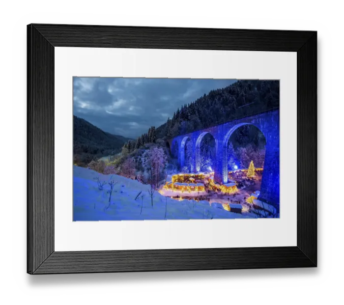 Framed Print : Snowy Christmas market under a railway viaduct Framed Print : Snowy Christmas market under a railway viaduct