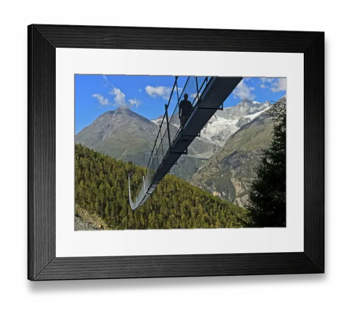 Framed Print : Hikers crossing the Charles Kuonen suspension bridge Framed Print : Hikers crossing the Charles Kuonen suspension bridge