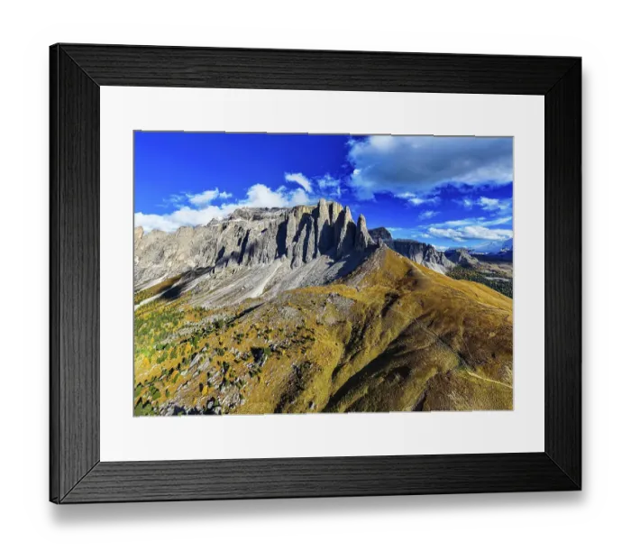 Framed Print : The peaks of the Puez Group, drone shot