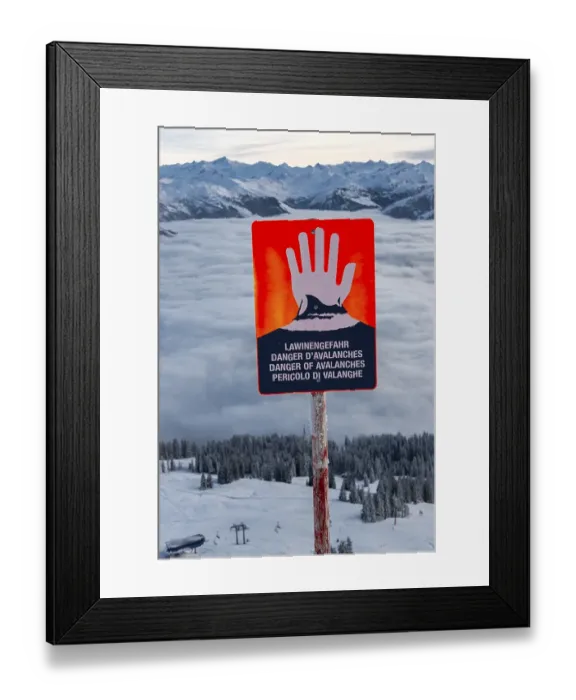 Framed Print : Avalanche danger sign in a skiing area Framed Print : Avalanche danger sign in a skiing area