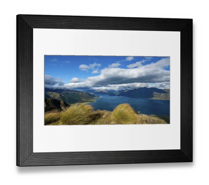 Framed Print : View of Lake Hawea, lake and mountain landscape