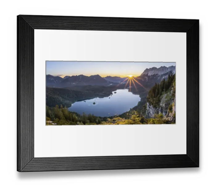 Framed Print : Eibsee lake at sunrise, sun shining over Bavarian alpine foothills
