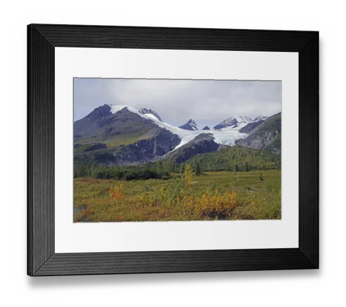 Framed Print : Autumn landscape and a glacier calving deep into the valley