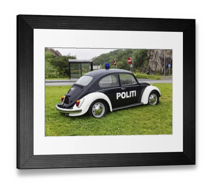 Framed Print : Black and white police patrol car with lettering Politi
