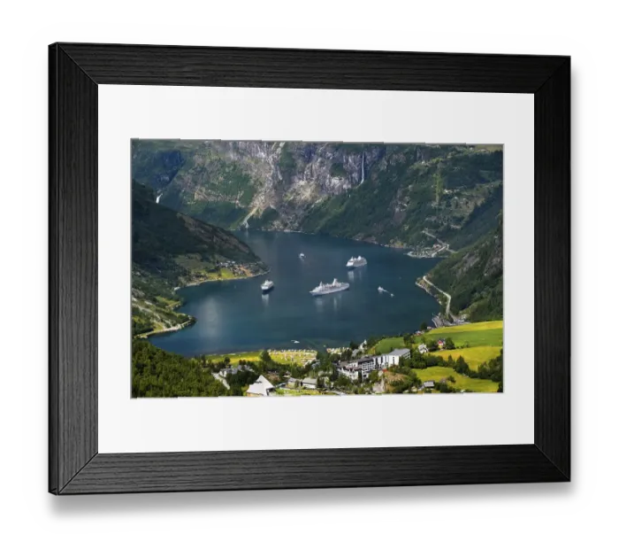 Framed Print : View from the Flydalsjuvet lookout on three cruise ships in the Geirangerfjord