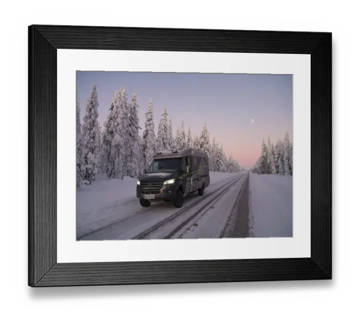 Framed Print : Travelling by motorhome in wintry Lapland at dawn