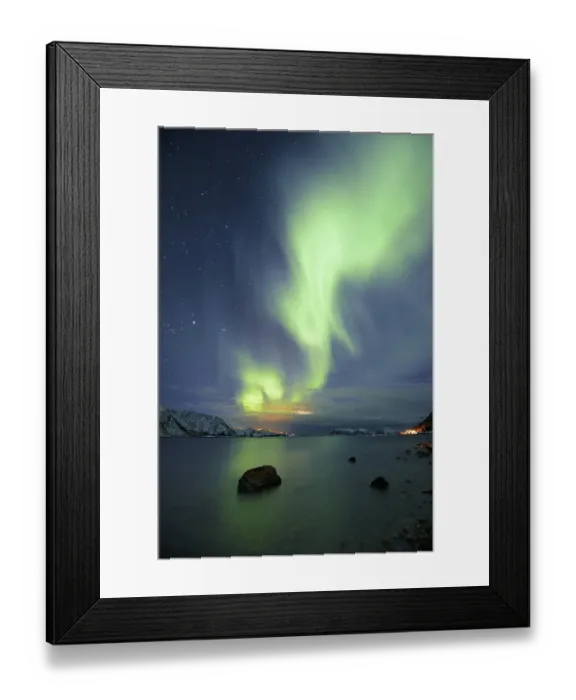 Framed Print : Northern Lights over fjord with winter landscape Framed Print : Northern Lights over fjord with winter landscape