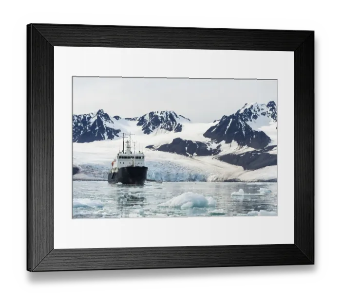 Framed Print : Exploration boat in front of Lilliehook glacier Framed Print : Exploration boat in front of Lilliehook glacier