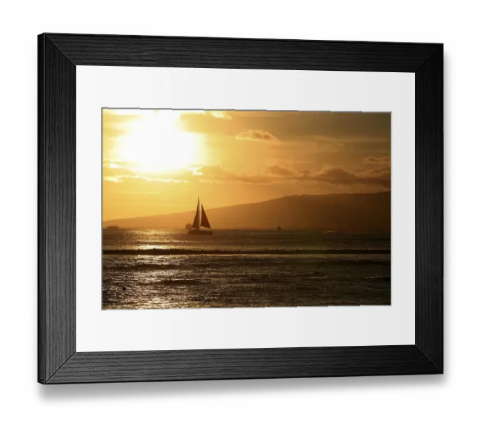 Framed Print : Waikiki with a sailboat in front of the mountains at sunset Framed Print : Waikiki with a sailboat in front of the mountains at sunset